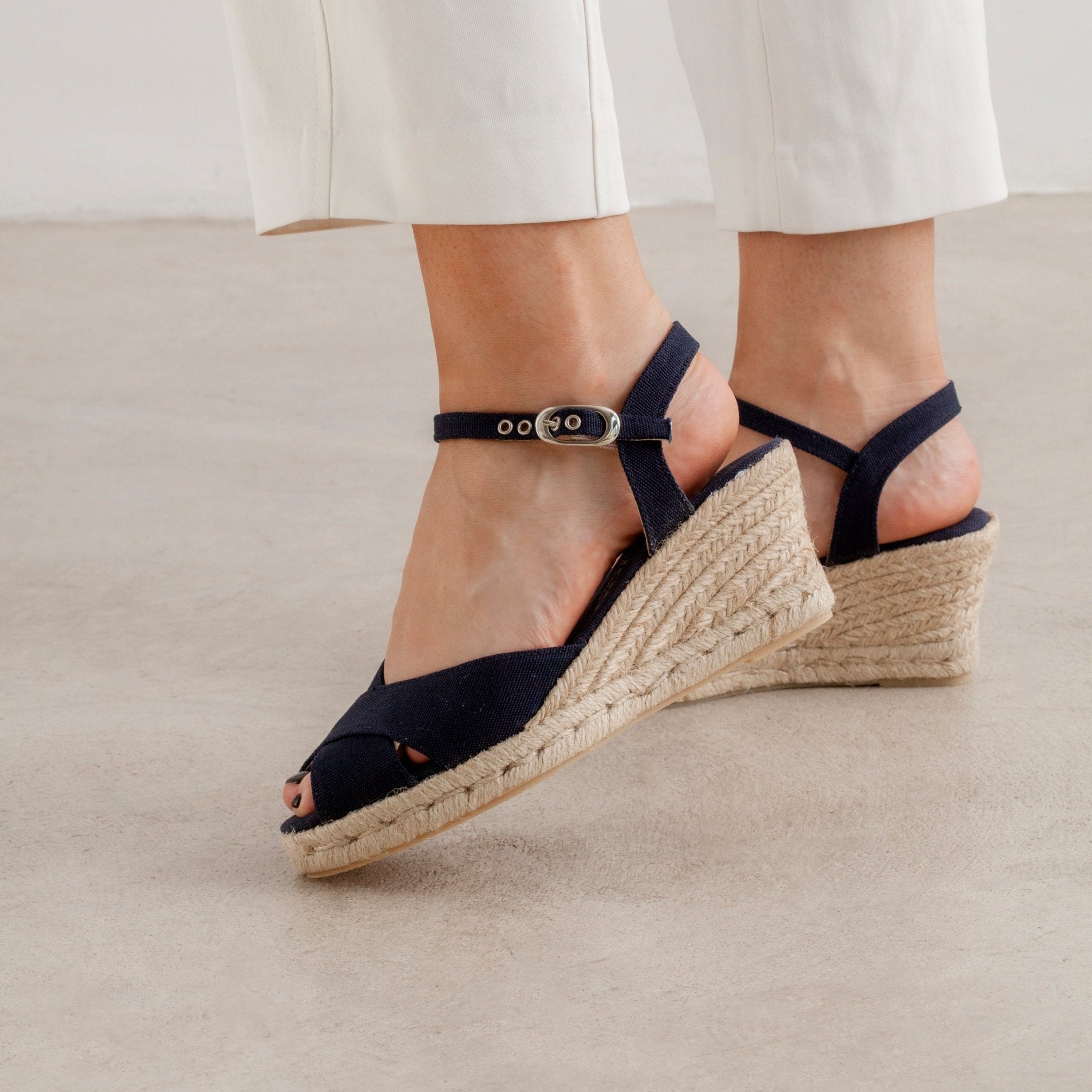 Eco-Friendly Vegan Espadrille Wedges in Navy