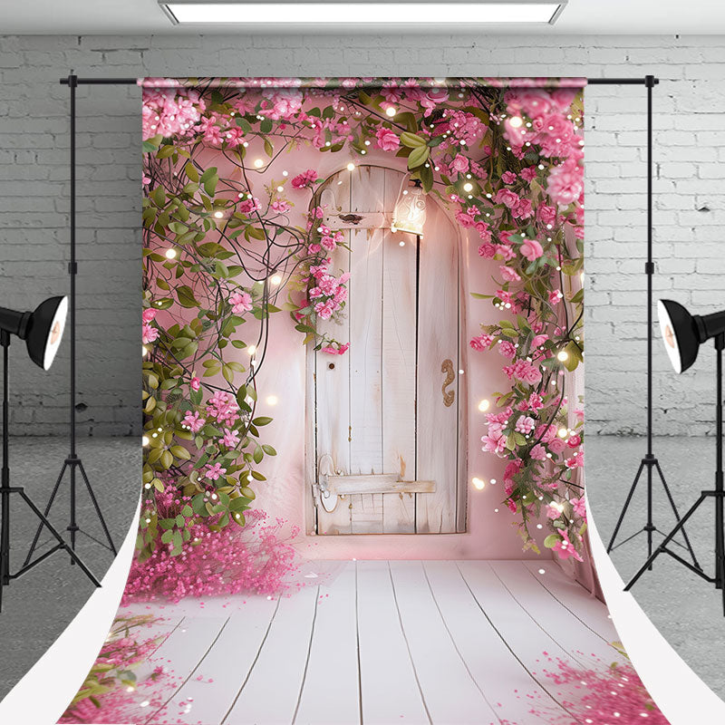 Pink Floral Wooden Door Photography Backdrop