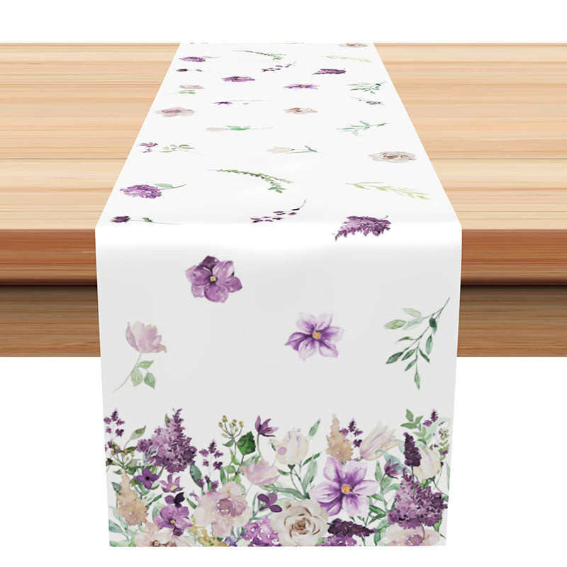 Purple Floral Green Leaf Table Runner