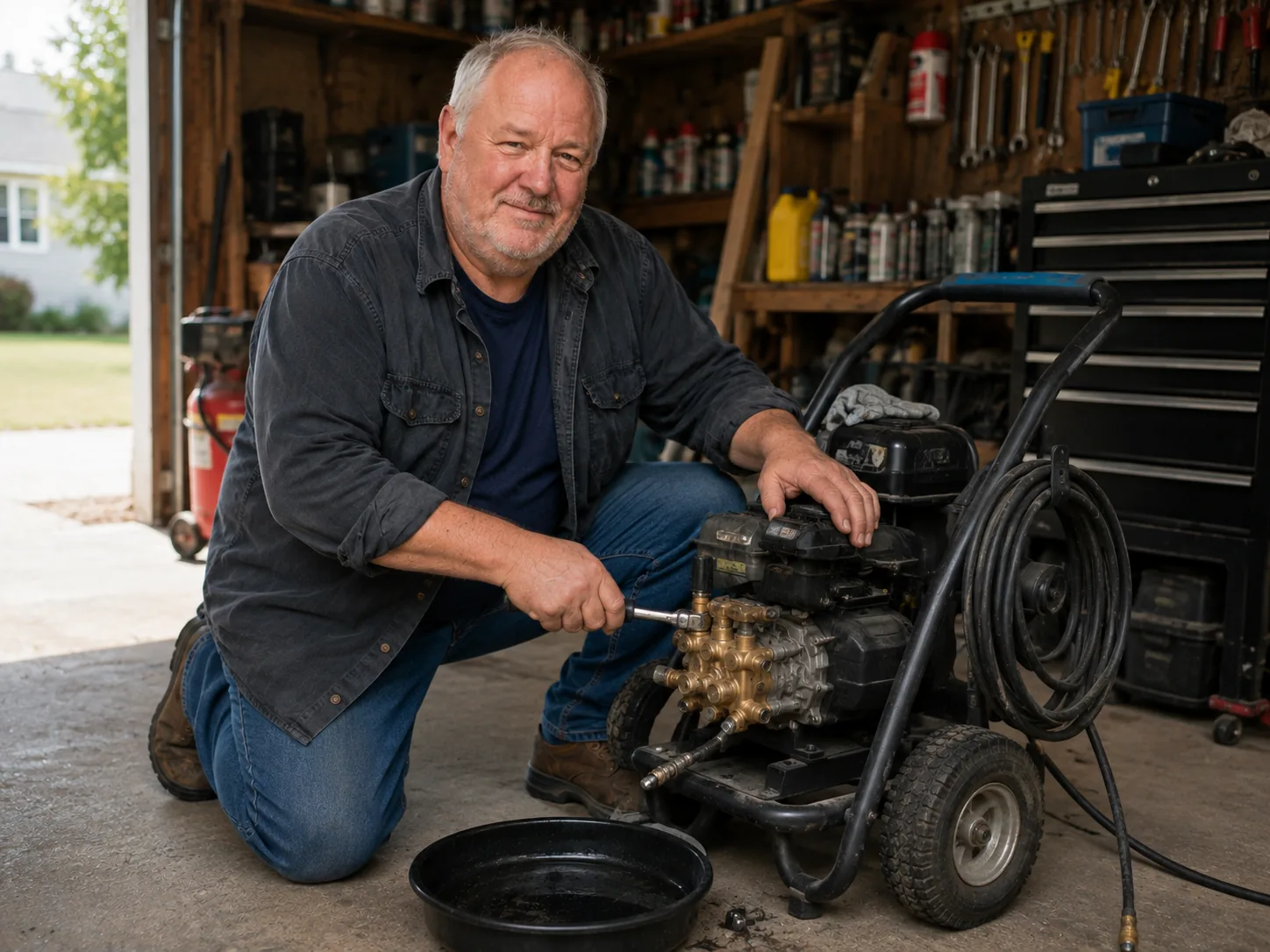 Ray D. Berryman working on a pressure washer in his workshop