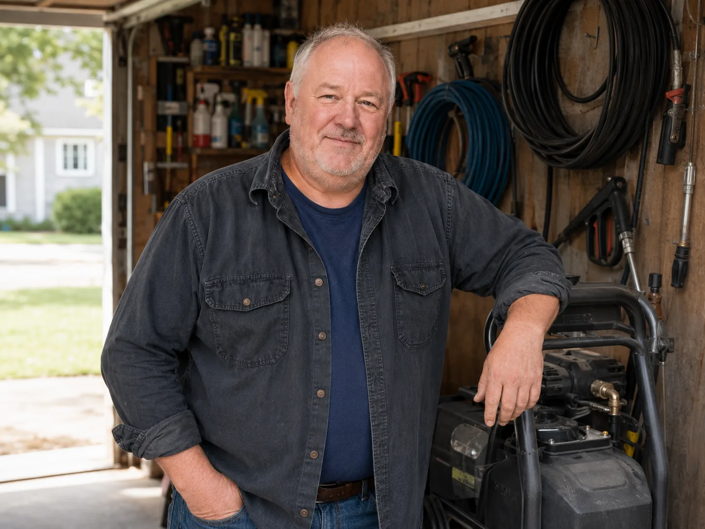 Ray D. Berryman in his pressure washer workshop