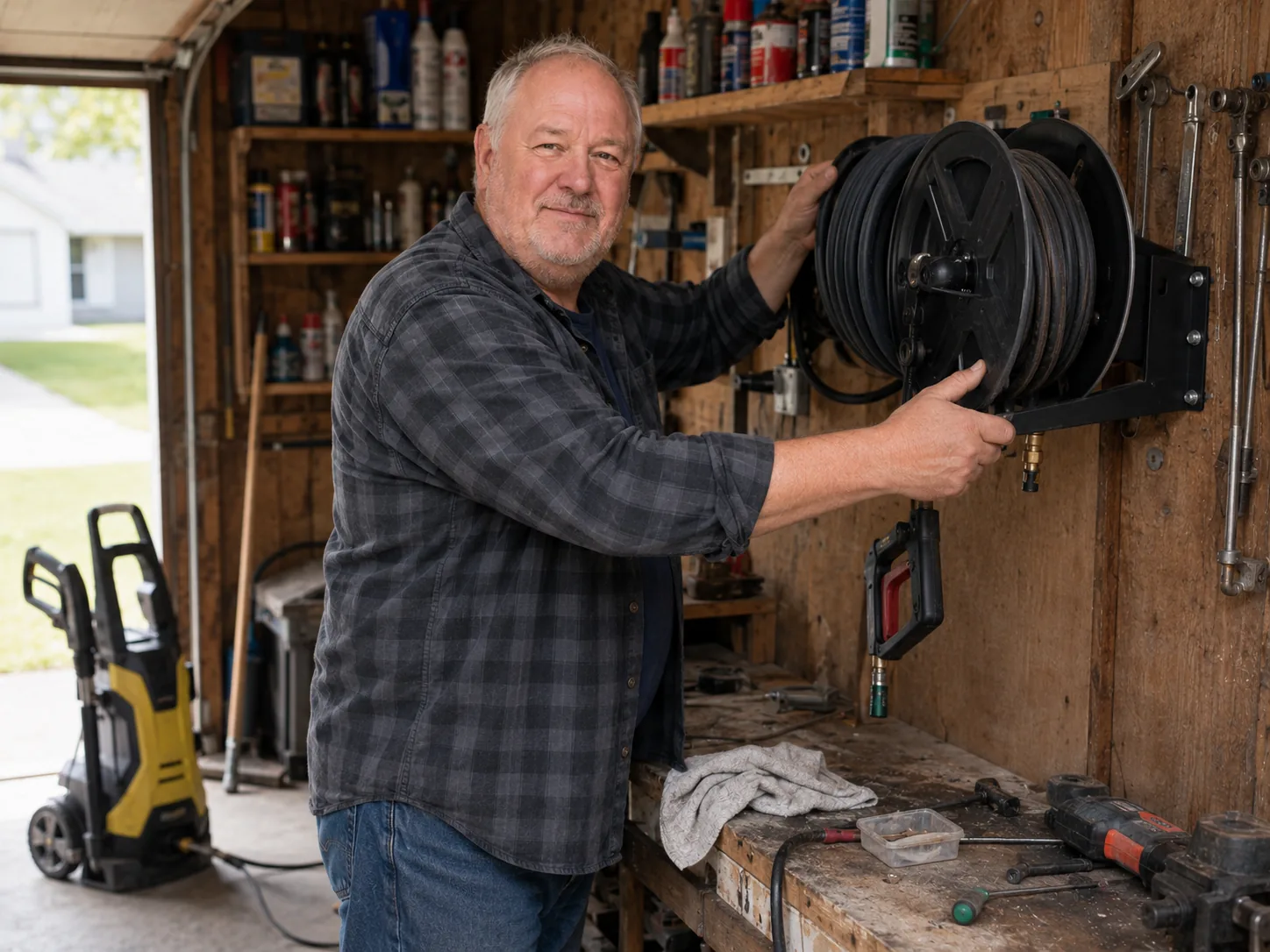 Ray D. Berryman inspecting a pressure washer component in his workshop