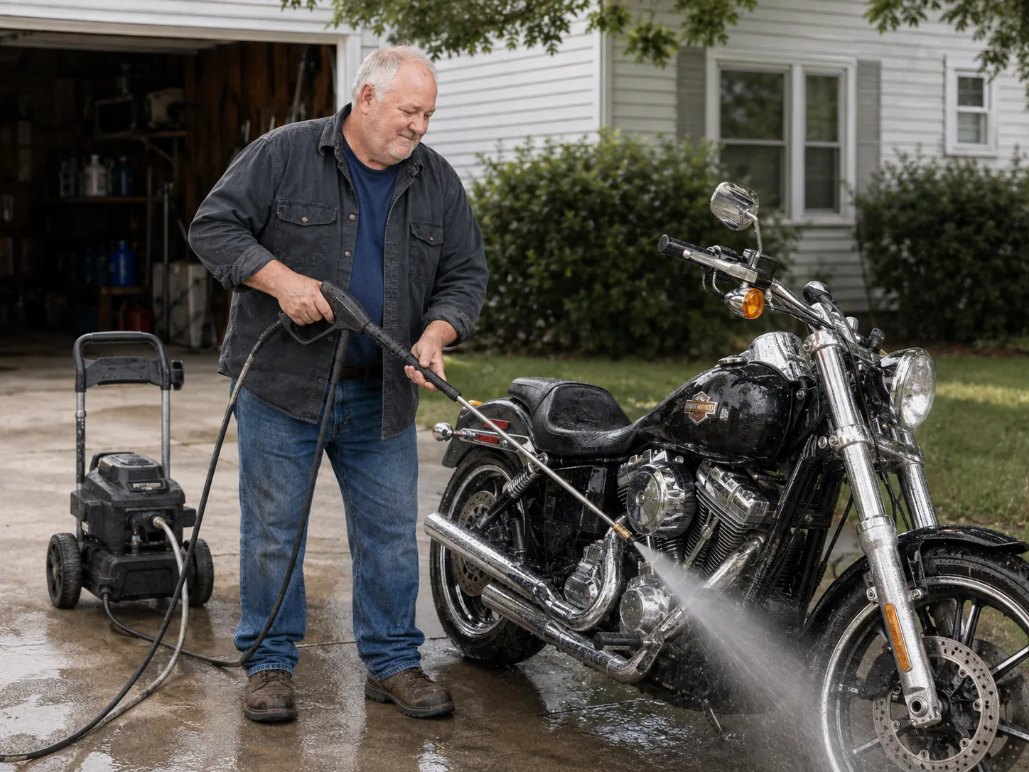 Ray D. Berryman using pressure washing equipment