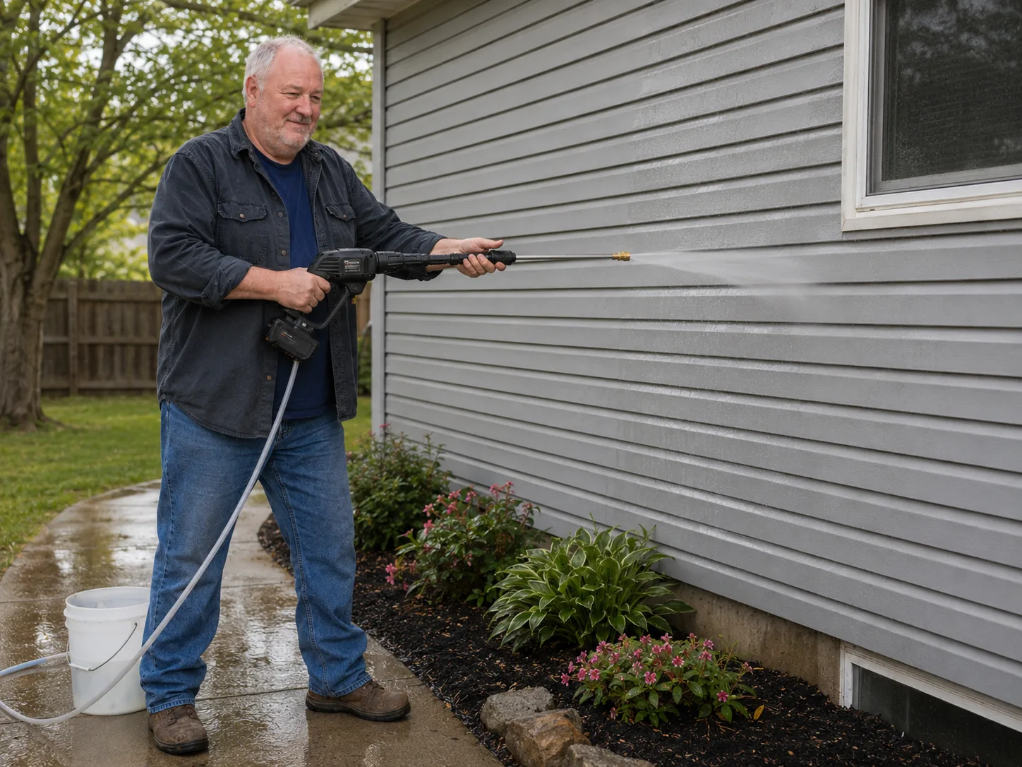 Ray D. Berryman using pressure washing equipment outside a house