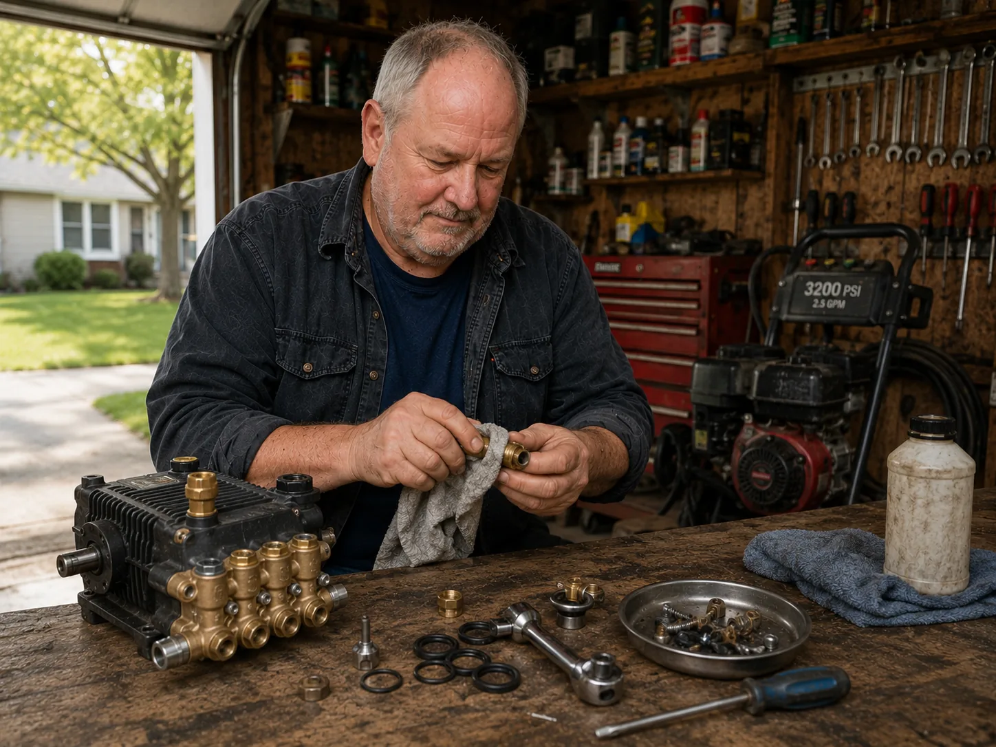 Ray D. Berryman checking pressure washer equipment in his workshop