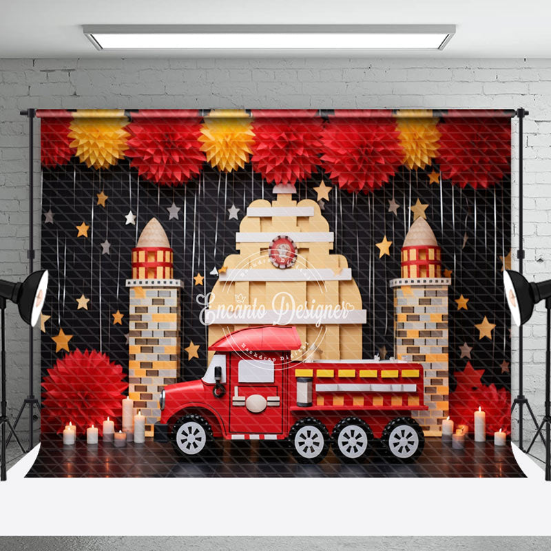 Stylish Red Fire Truck Birthday Backdrop